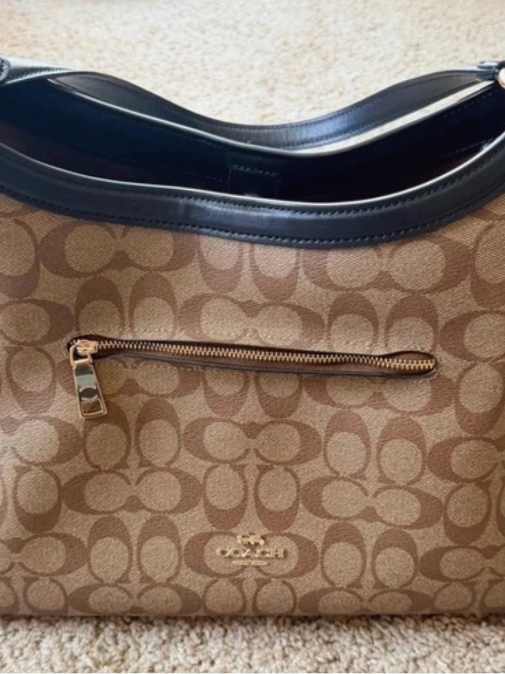 Coach Kristy Shoulder Bag Signature Canvas in Brown with Black Trim